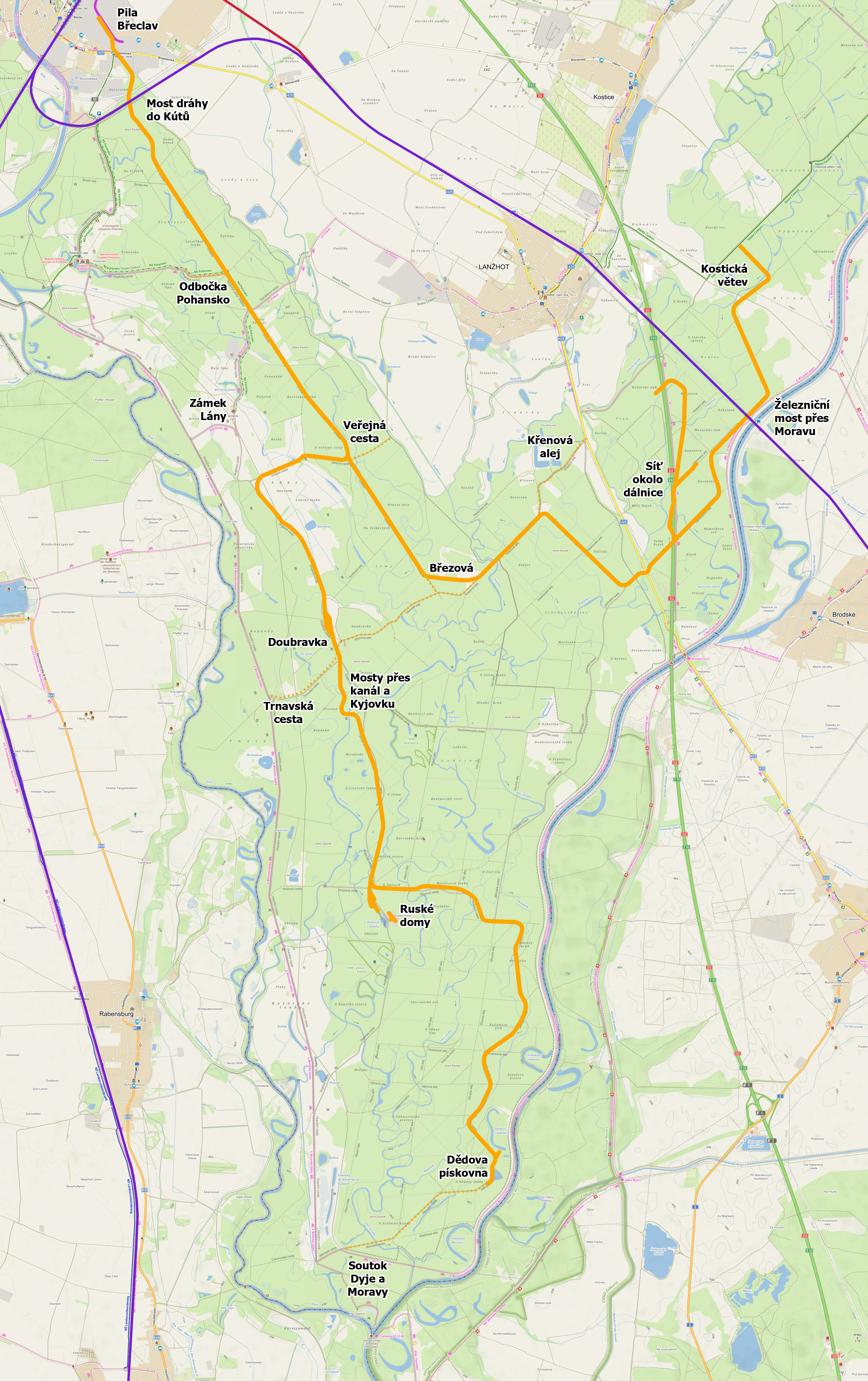 Nejkompletnější verze mapy lesní úzkokolejky ve výběžku nad soutokem Dyje a Moravy zahrnuje s jistotou doloženou trasu drážky (plná oranžová čára) a nedoložené a někdy dokonce vyloženě nepravděpodobné odbočné větve z různých zdrojů (viz seznam zdrojů na konci článku) (tenší tečkované čáry). Komentář k lokalitám s popisky se nachází níže v textu.