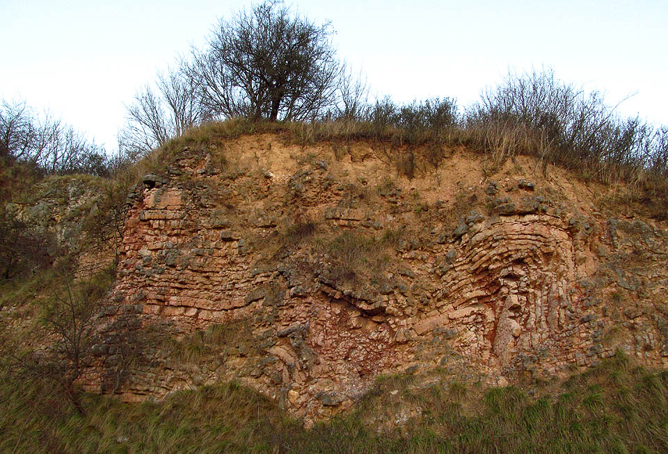 Disharmonické vrásnění vápence typické pro okolní skály v údolí Berounky.