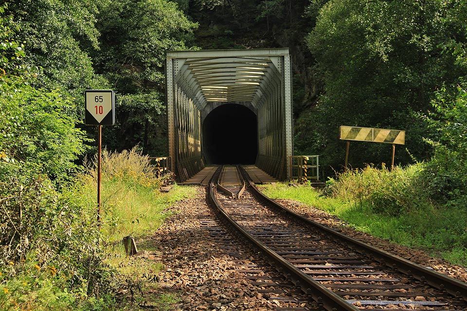 Od malebného vyvýšeného strážního domku je vidět přes řeku severní portál Malého Plasského tunelu a upozornění na blížící se zastávku <a href=/Tema/Horn%C3%AD%20Hradi%C5%A1t%C4%9B%20(%C5%BEzast)>Horní Hradiště</a>.