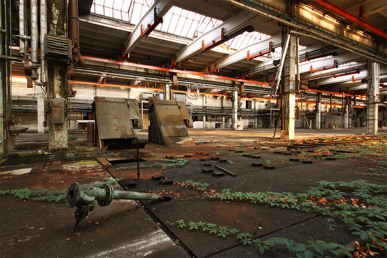 Konce pohyblivých pásů výrobní linky se tyčí z podlahy jako nějaké zkovovělé houby.