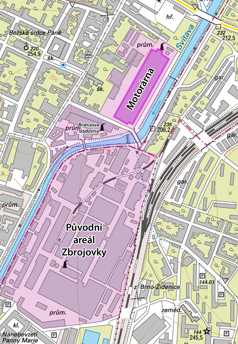 Na mapce je dobře vidět motorárnu severně od kdysi slepé Gargulákovy ulice i dvojici mostů, které skrze nepřístupné nábřeží Svitavy spojovaly objekt motorárny a Briessovy sladovny s vlastní Zbrojovkou západně od <a href="/Tema/Brno-Židenice (žst)">zastávky Brno-Židenice</a>.