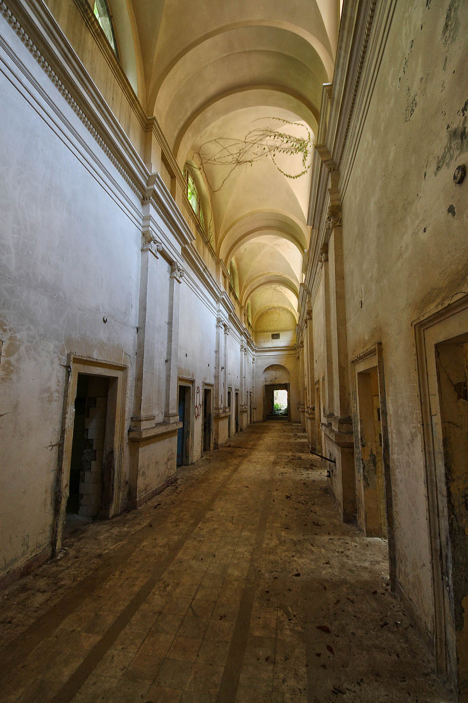 Osou opuštěného komplexu je vysoká sklenutá chodba, dnes na mnoha místech porůsrtající břečťanem.