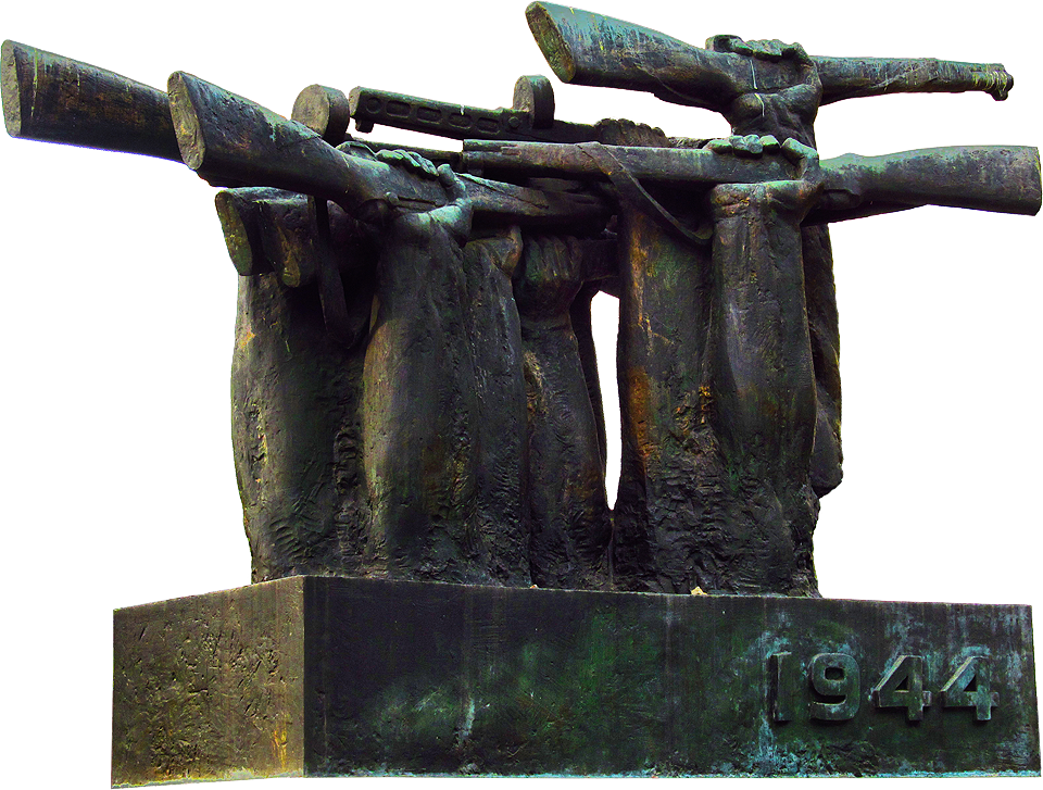 Ruce drží pušky symbolicky obrácené vzhůru nohama.