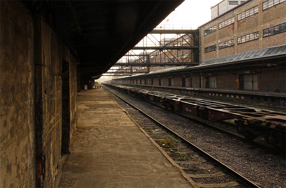 Odstavený vlak čeká na nákladišti Praha-Žižkov na kontejnery, se kterými pojede napříč Evropou.