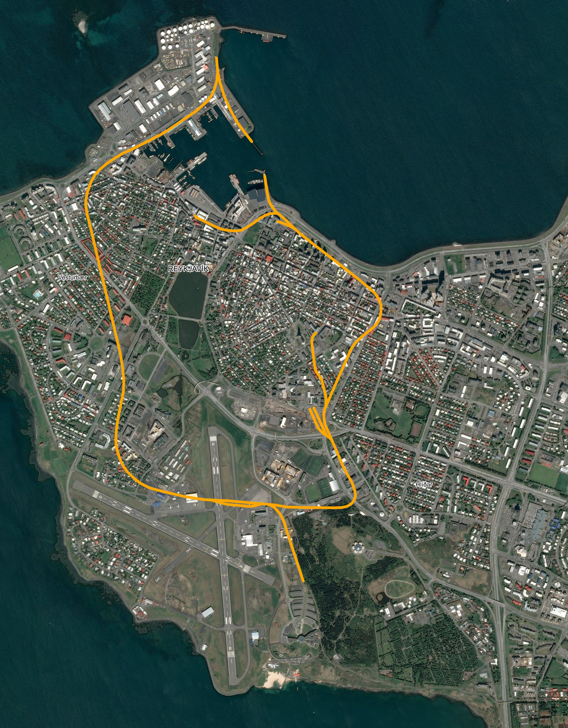 Přístavní drážka vedla skutečně z přístavu do přístavu, nejdůležitější její větví však byla jižní kolej do Öskjuhlíðu, kde byla v místě dnešního lesoparku těžena hornina pro nasypávání obou přístavních hrází na severních koncích sítě.