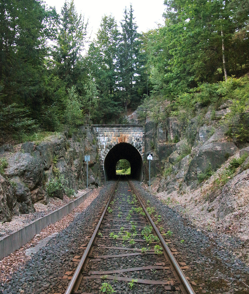Jižní portál tunelu je vyzděn z kamene a umně vklíněn přímo do skály. Tunel vypadá uprostřed lesa doslova malebně.