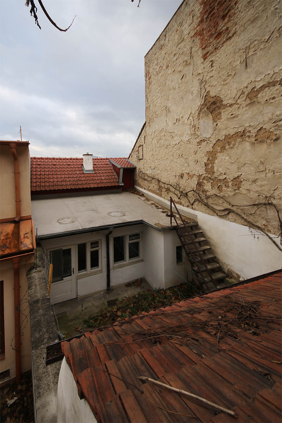 Vlastní půdorys domku je nejmenší z celé kolonie, prostor k životu trošku zachraňuje dvorní přístavba s plochou střechou, která dobře poslouží také jako letní terasa. Po zdi sousedního <a href="/Tema/Rodinný dům provazníkova 71">domu č. 71</a> se plazí šlahouny hroznového vína.