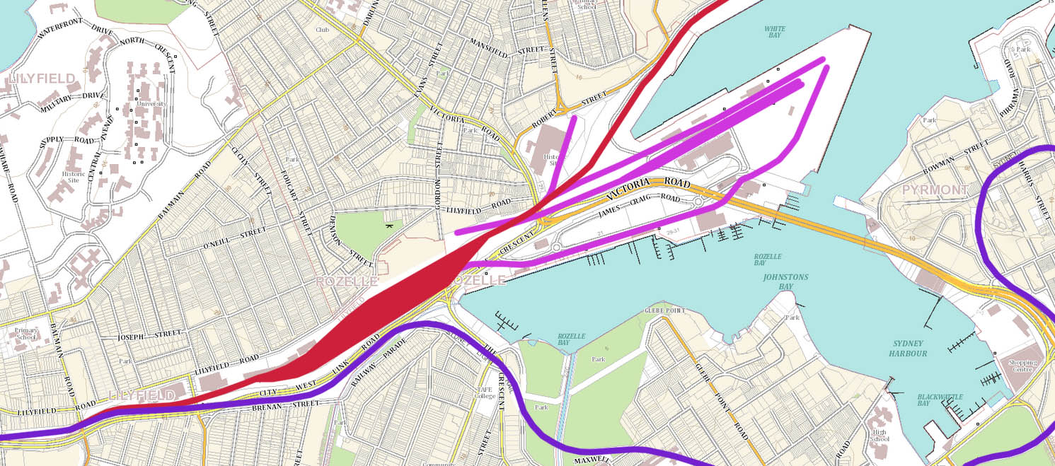 Katastrální mapa stanice Rozelle Yard.