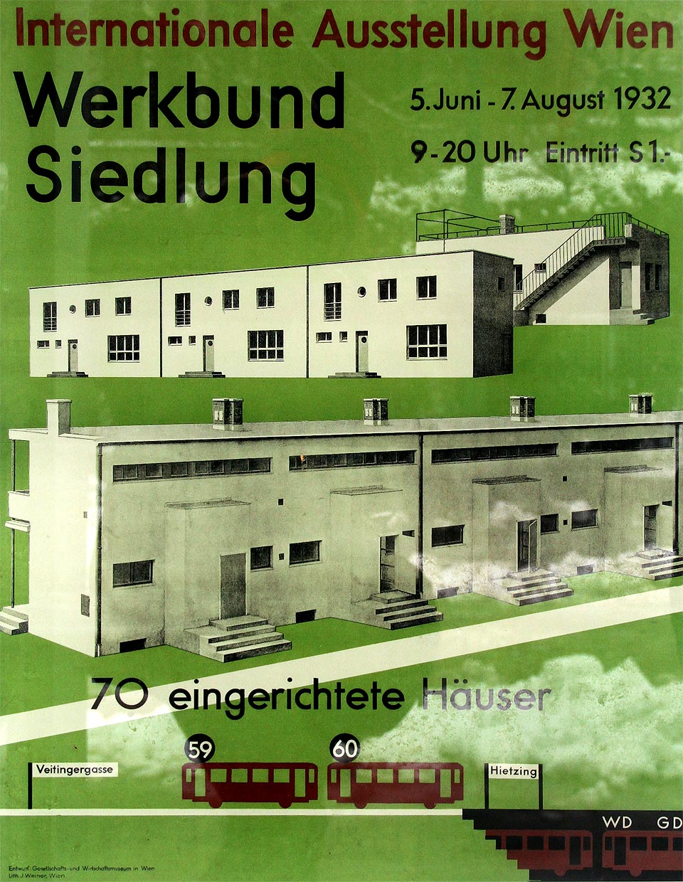 Dobový plakát přilákal na výstavu moderního bydlení přes 100000 zájemců. Tramvaj 60 jezdí nedaleko dodnes, tramvaj 59 je již v propadlišti dějin.