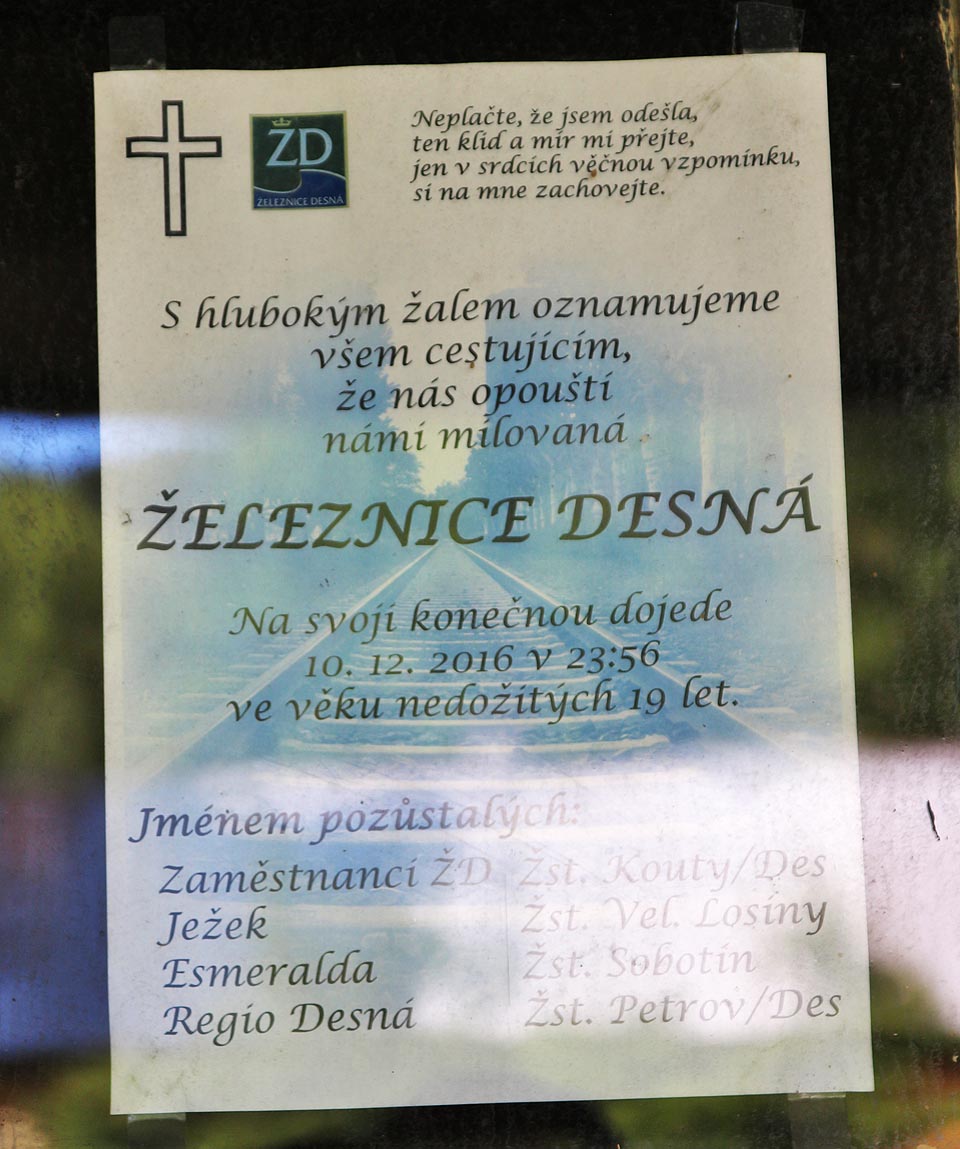 Od jízdního řádu 2016/2017 se na tratě v údolích Desné a Merty po 20 letech vrátily České dráhy, které je po povodni v roce 1997 macešsky opustily. Místní tak oplakali vlaky jezdící pod logem Železnice Desné, na rozdíl od jiných drah zde ale šlo o událost spíše optimistickou.