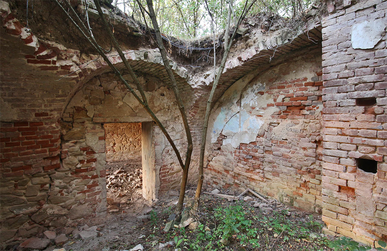 Zdivo v přízemí a náznaky křížových kleneb jsou díky celkovému rozkladu dobře patrné.