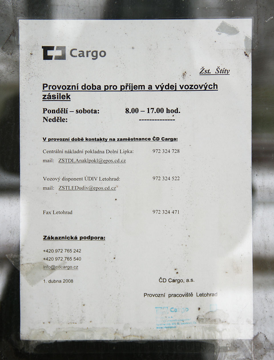 Nákladní doprava jednotlivých vozových zásilek ve Štítech v omezené míře probíhá od roku 1899 dosud.