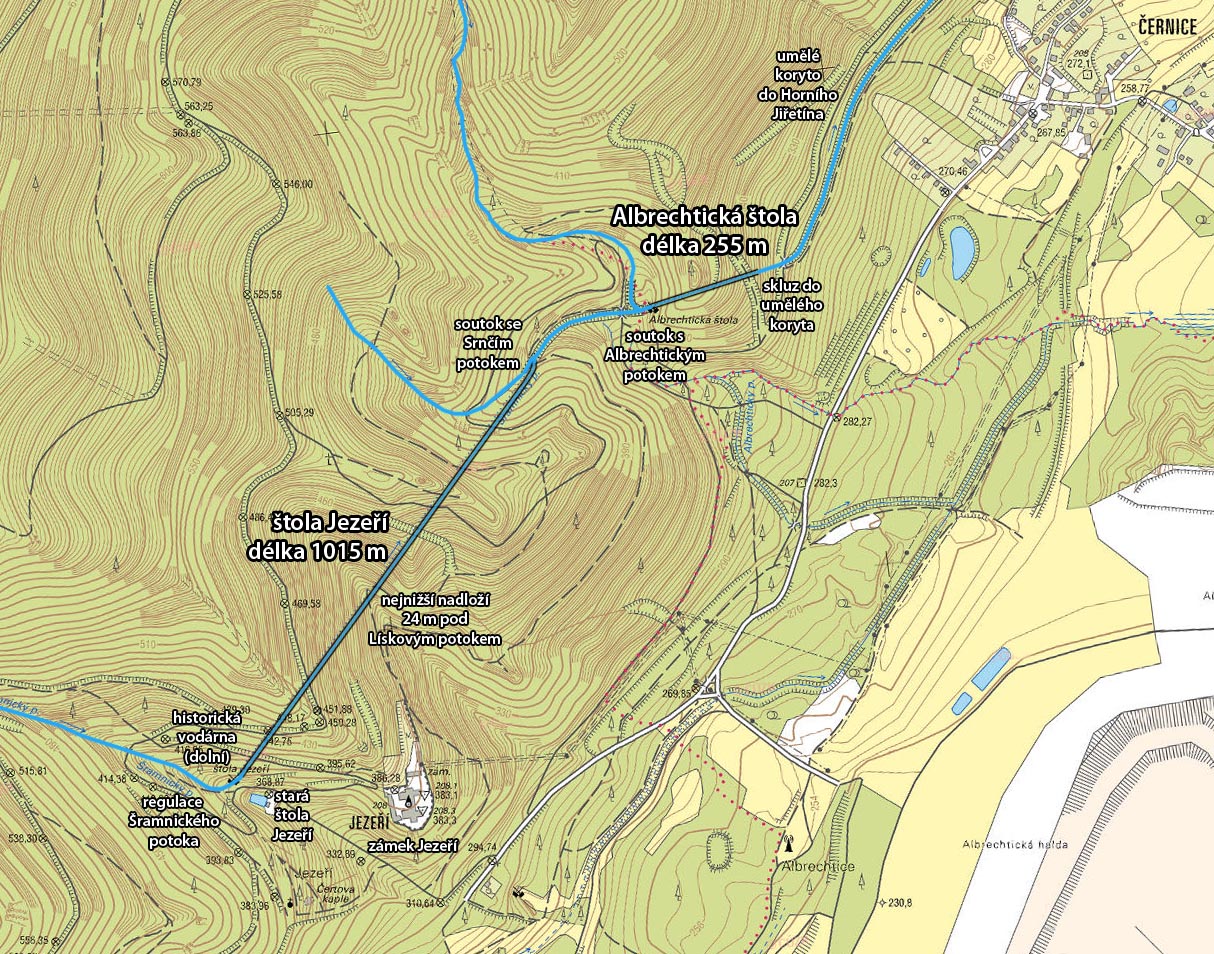 Mapka okolí zámku <a href=/Tema/Z%C3%A1mek%20Jeze%C5%99%C3%AD>Jezeří</a>, <a href=/Tema/%C5%A0tola%20Jeze%C5%99%C3%AD>štoly Jezeří</a>, <a href=/Tema/Albrechtick%C3%A1%20%C5%A1tola>Albrechtické štoly</a>, <a href=/Tema/Historick%C3%A1%20vod%C3%A1rna%20Jeze%C5%99%C3%AD>historické vodárny</a> a <a href=/Tema/%C5%A0tola%20pod%20z%C3%A1mkem%20Jeze%C5%99%C3%AD>historické štoly</a> pod zámkem.