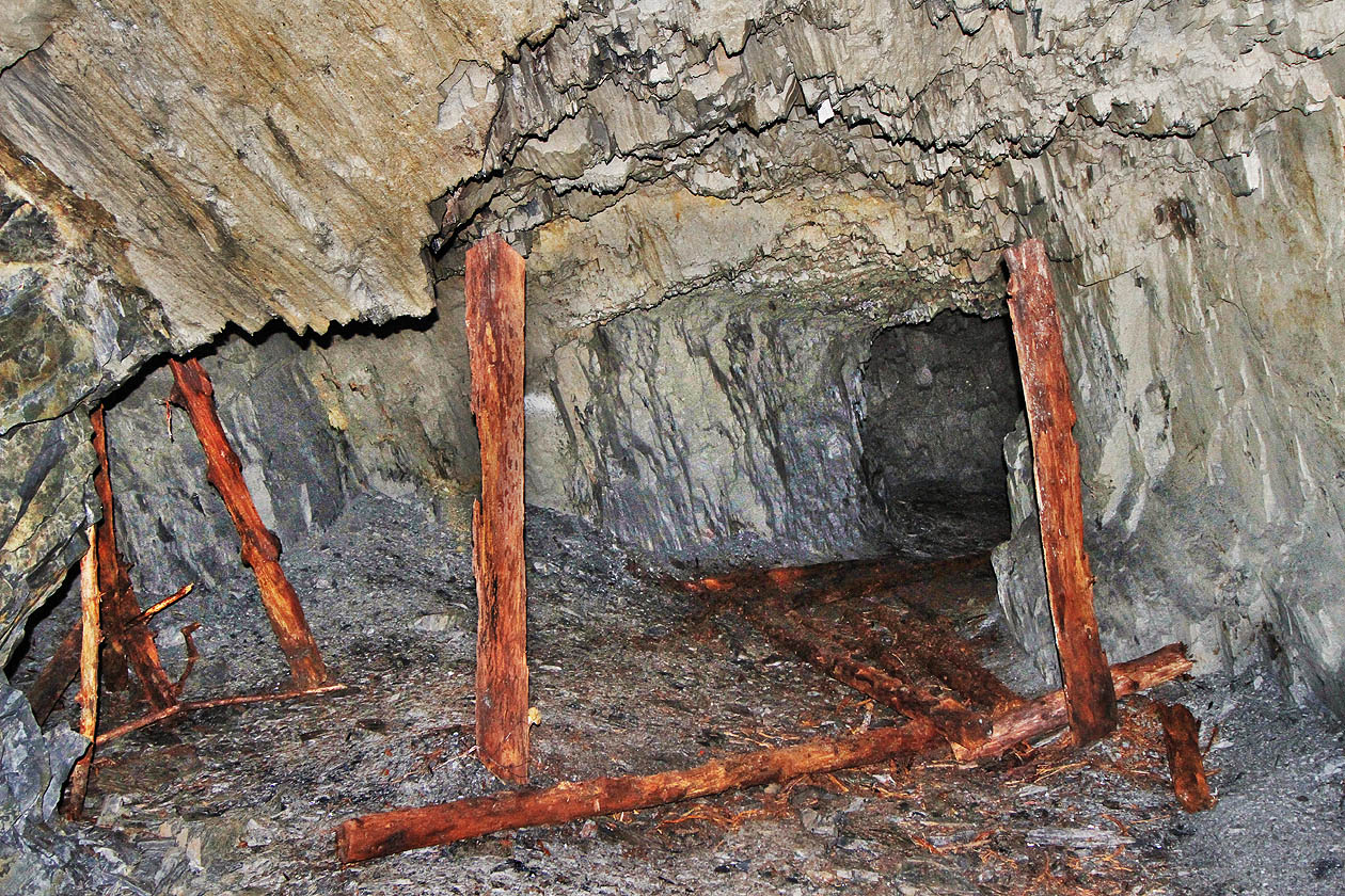 Poblíž rozcestí lze spatřit tlející zbytky čehosi, co snad mohlo kdysi být dřevěnou výztuží.