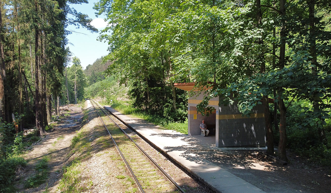 Zastávka Stvořidla je ukrytá v poměrně hustém lese na pravém břehu Sázavy.