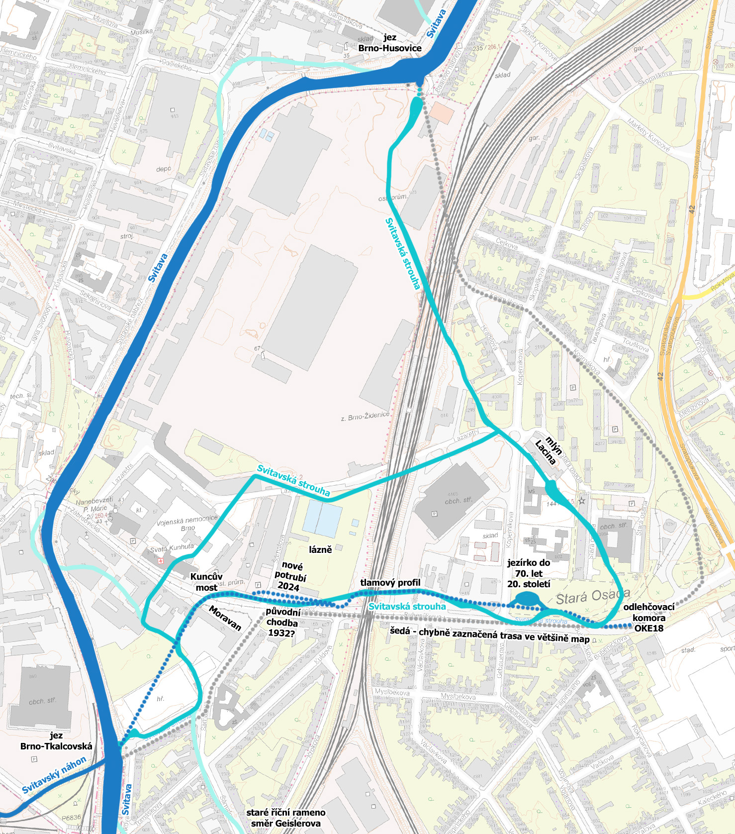 Na mapce Svitavské strouhy jsou tmavší modrou současné vodní toky a azurovou vodní toky na počátku 20. století. Tečkovaně jsou vyznačeny ověřené části současné podzemní trasy Svitavské strouhy, která - ač není vidět - je tu pořád s námi. Pro zajímavost je doplněna šedě trasa strouhy, která je chybně uvedena ve většině map.