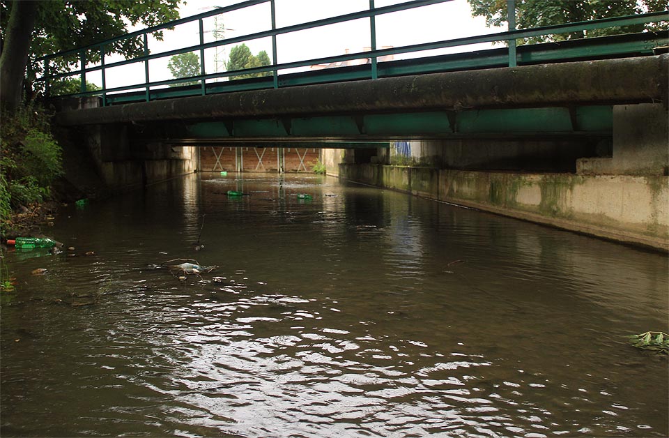 Bezprostředně za stavidlem se náhon poprvé dostává do podsvětí - nad hladinou se klenou mosty <a href=/Tema/Brno-%C5%BDidenice%20-%20Svitavsk%C3%A1%20pob%C5%99e%C5%BEn%C3%AD%20dr%C3%A1ha>Svitavské pobřežní dráhy</a>, kdysi vedoucí až do Tišnova a <a href=/Tema/Vle%C4%8Dka%20Svitavsk%C3%A1%20pob%C5%99e%C5%BEn%C3%AD%20dr%C3%A1ha%20-%20Mosilana>zrušené vlečky do Mosilany</a>.