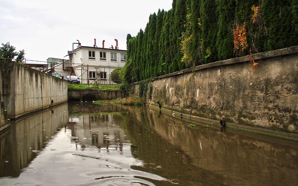 Jako ve velké části délky svého toku je i zde Svitavský náhon sevřen mezi betonovými zdmi.