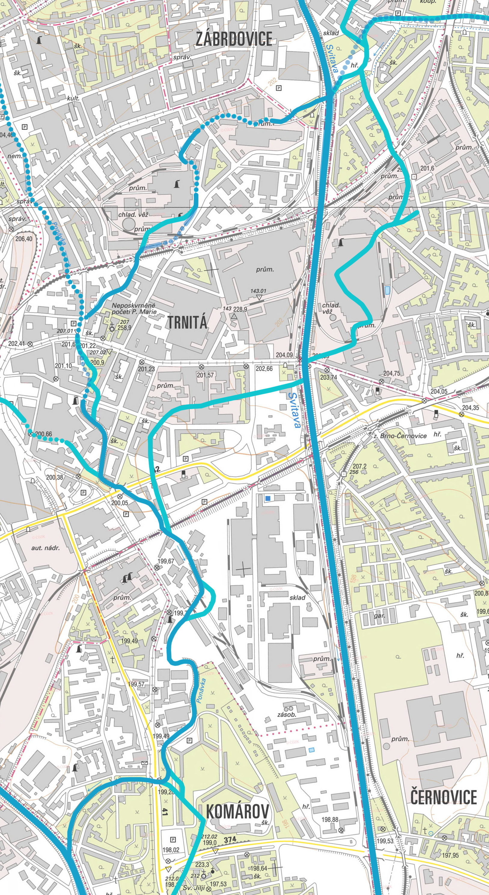 Zakreslení Svitavského náhonu na plánu města Brna z roku 2016 bez popisků.