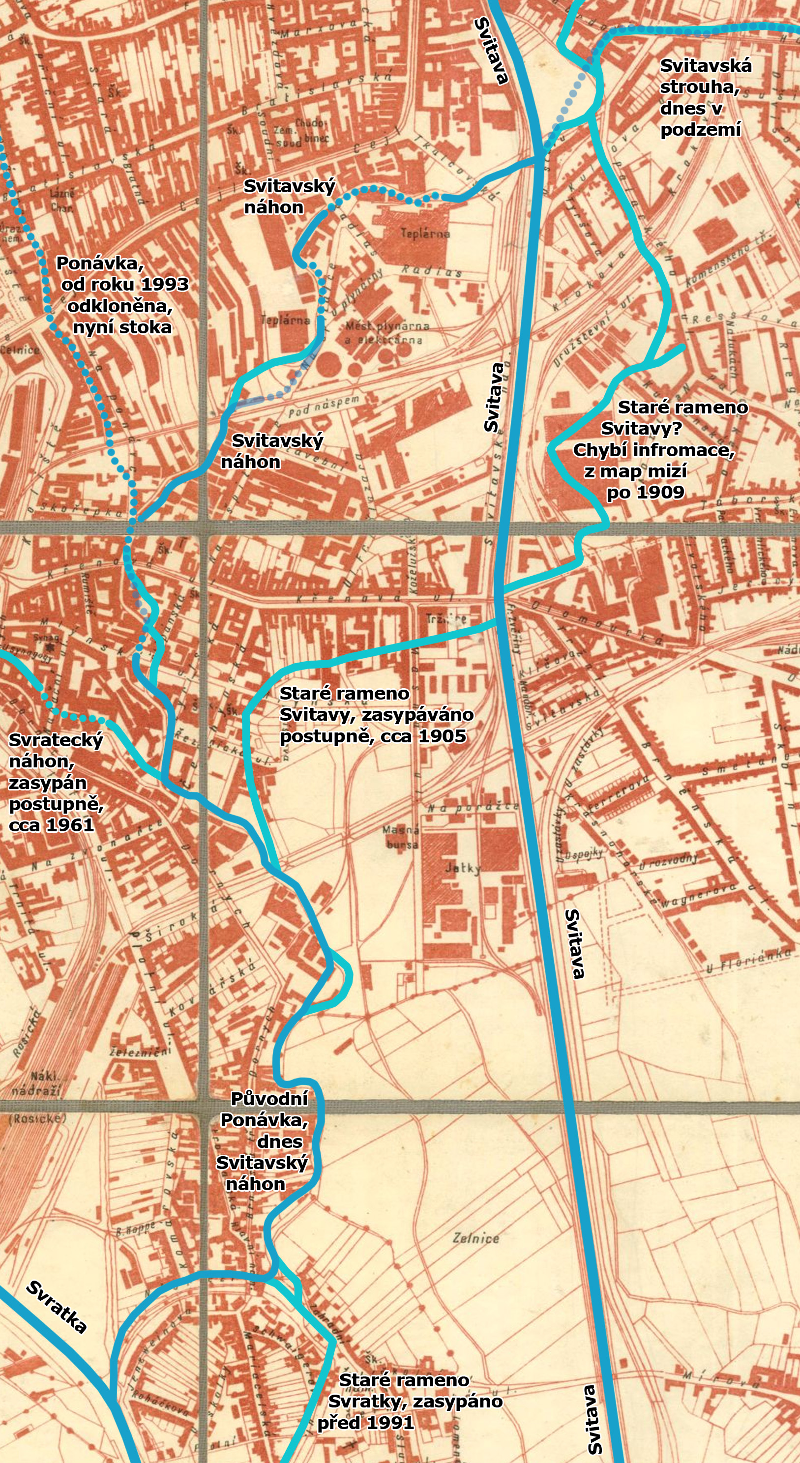 Zakreslení Svitavského náhonu na plánu města Brna z roku 1936.