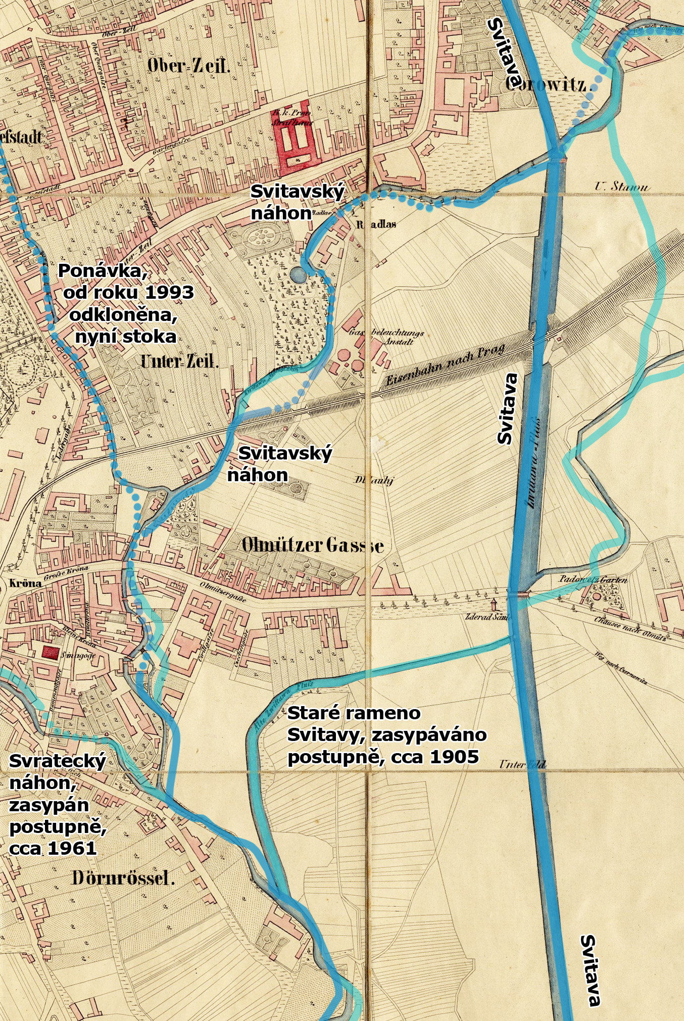 Severní část Svitavského náhonu na mapě z roku 1858. Světlejší modrou barvou jsou vyznačeny zaniklé vodní toky, tmavší stav z roku 2016.