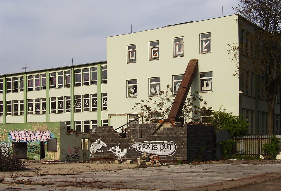 Nejmodernější čtyřpodlažní budova textilky byla v dobrém stavu a její demolici se dalo předejít. V popředí trosky provozních budov, které přežily demolici většiny továrny o víc než desetiletí a postupně obrostly náletovým lesem.