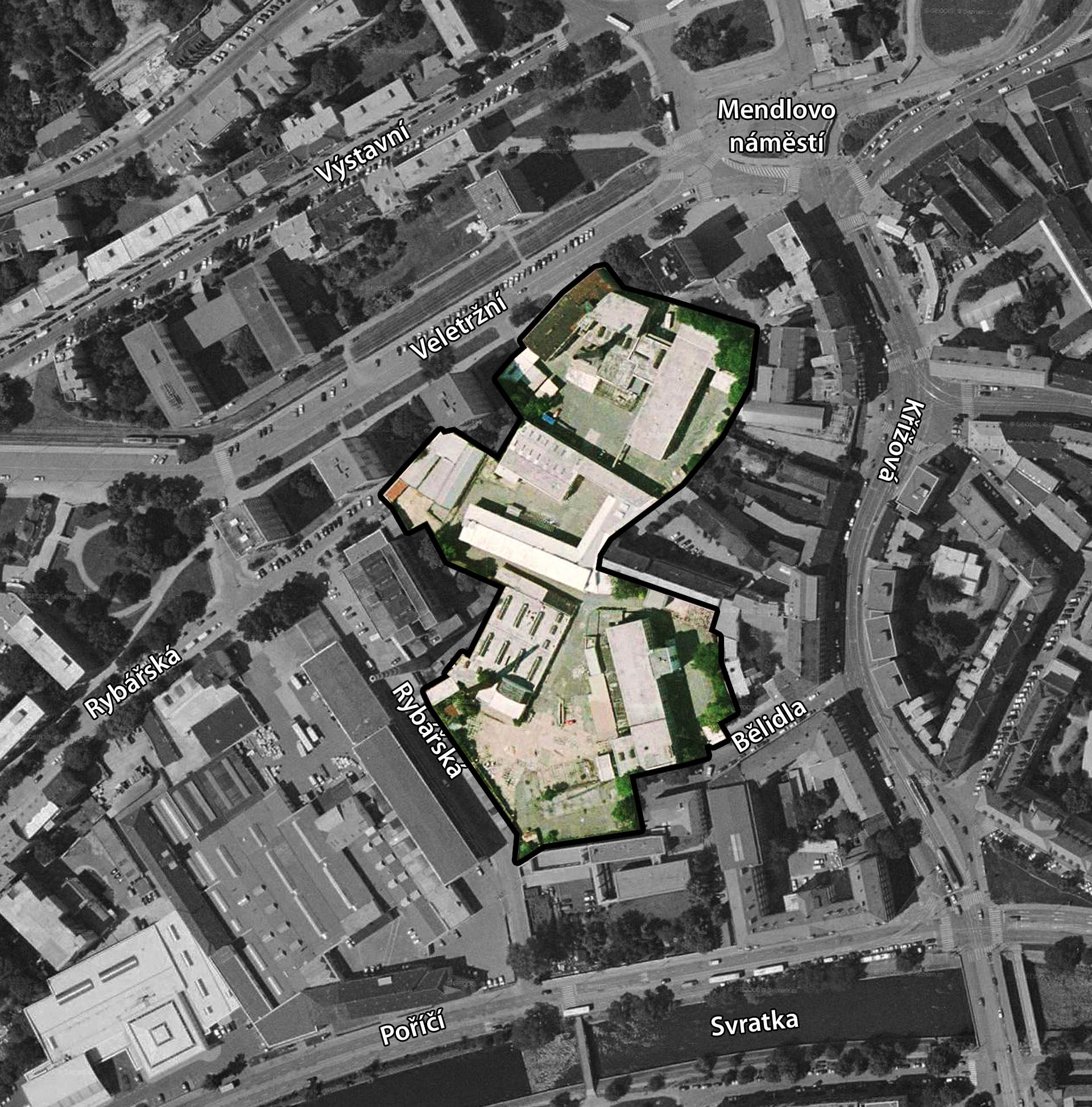 Továrna Kras zaujímala prostor mezi ulicemi Veletržní, Křížovou, Rybářskou a Bělidly na ostrově mezi Svratkou a <a href="/Tema/Svratecký náhon">Svrateckým náhonem</a>. Shodou okolností jde o místo v těsné blízkosti nejstaršího osídlení na území dnešního Brna, kde stával na počátku 10. století přemyslovský hrad Brno.