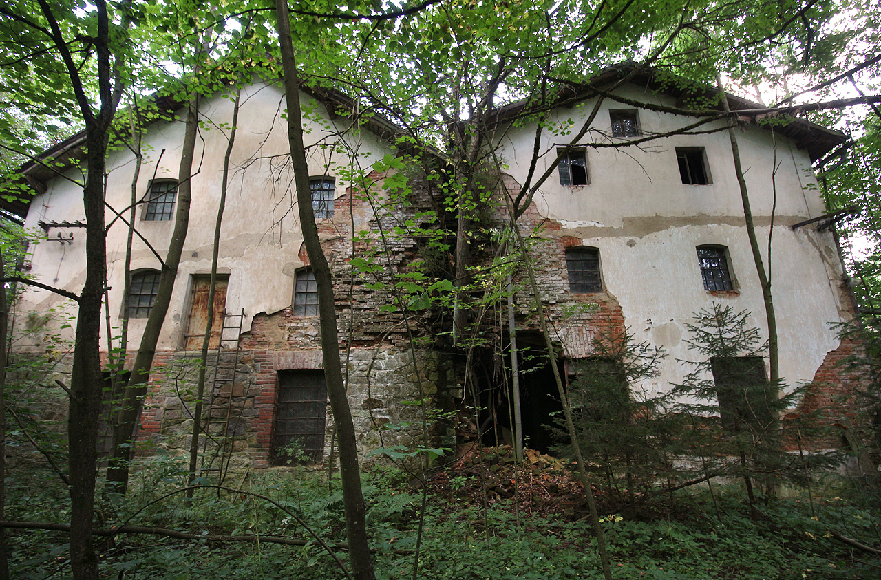 Západní průčelí továrních budov v Malém Mlýnku při pohledu od Pstružného potoka. Zhruba v tomto prostoru zřejmě končily koleje úzkokolejky z Mrzkovic.