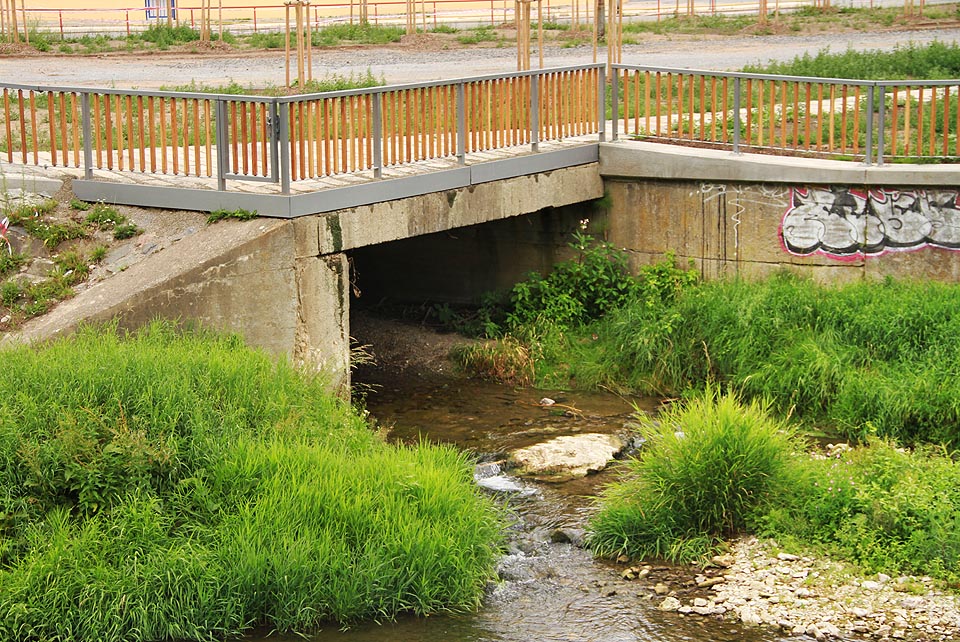 Soutok <a href=/Tema/K%C5%99tinsk%C3%BD%20potok>Křtinského potoka</a> se <a href=/Tema/Svitava>Svitavou</a> z protějšího břehu od bývalého hotelu Skalní sklep.