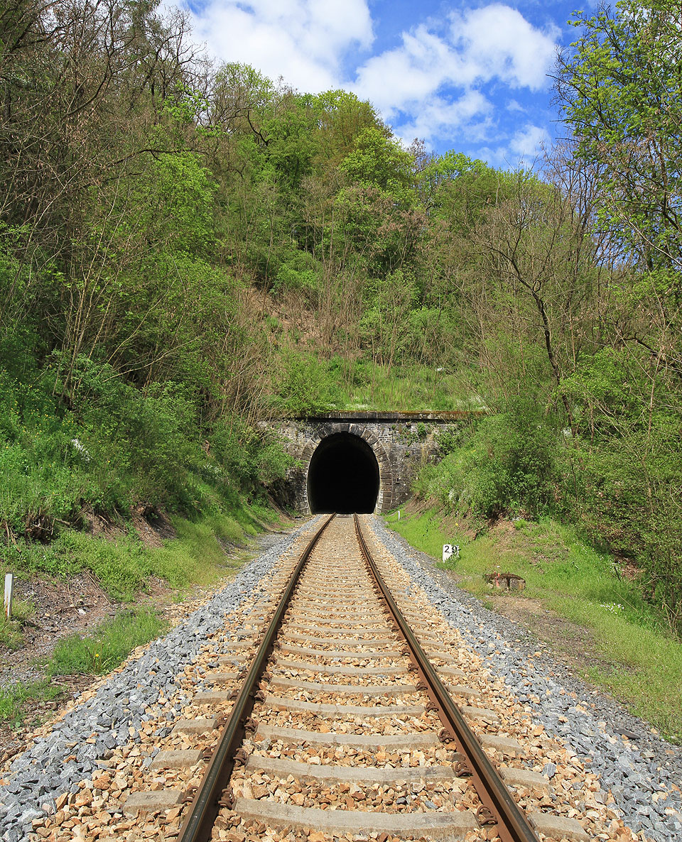 Jižní portál tunelu Pod Basou ve směru od <a href="/Tema/Křivoklát (žzast)">Křivoklátu</a>.