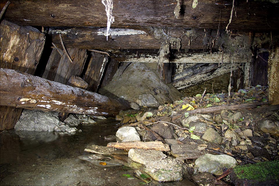 Masivní výdřeva v nedokončeném zářezu před tunelem nevydržela po desetiletí tlak zeminy a sesunula se, čímž znemožnila odtok vody z tunelu pod Dielikom a vytvořila v něm monumentální jezero.