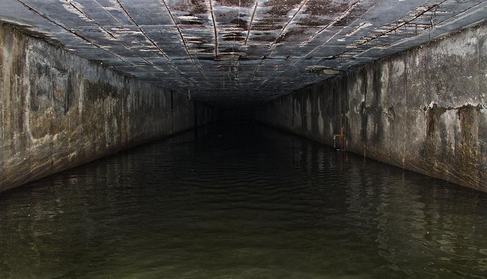 Cítíme, že již brzy doplujeme k něčemu úžasnému. Hukot je nyní silný a probouzí v nás strach i zvědavost současně. Bílá skvrna na hladině patří zoufalému kačeru, který před námi unikal stále hlouběji do stoky, až zimzel kdesi ve spleti chodeb.