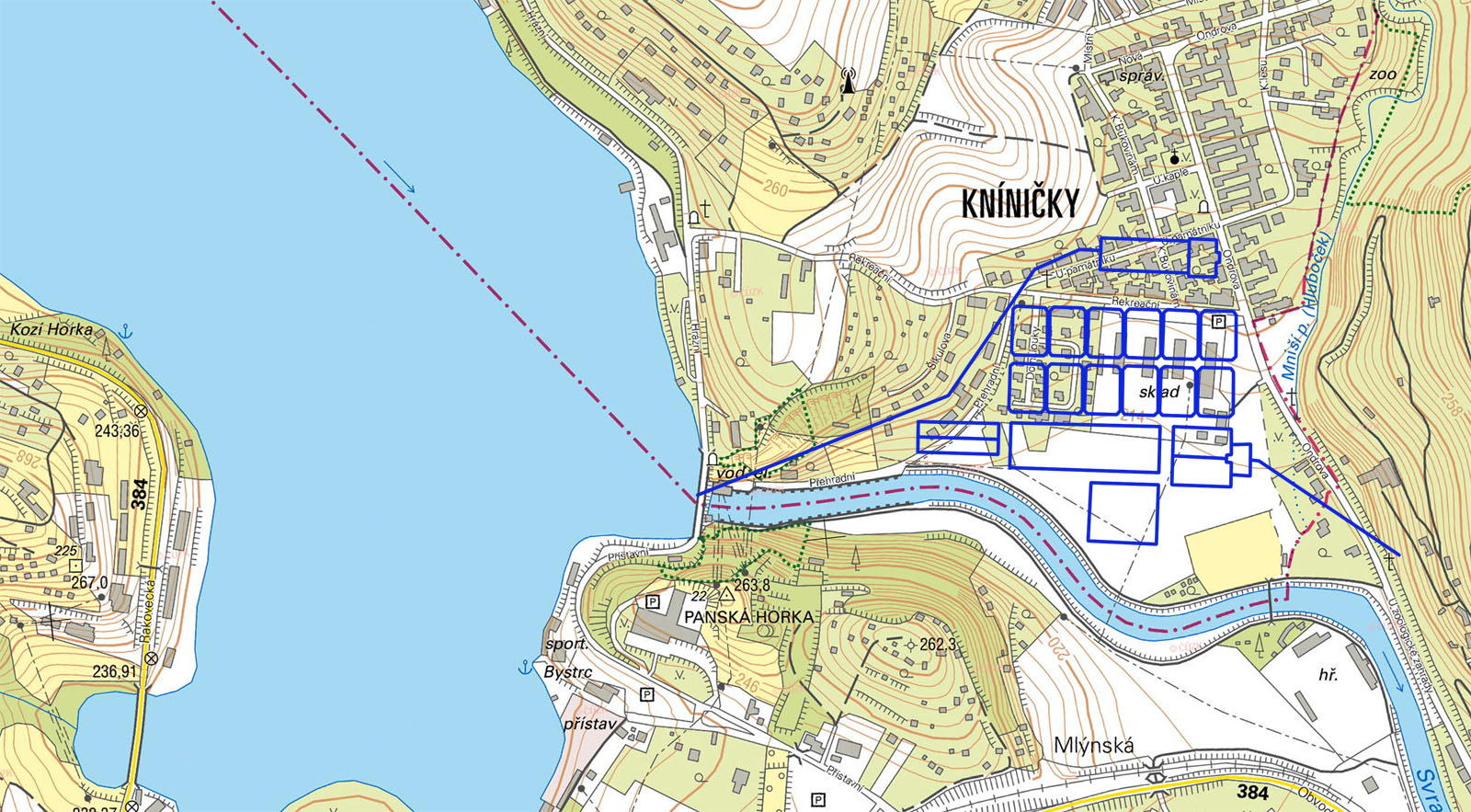 Zákres původního projektu do mapy území pod přehradou z roku 2017. Úpravna vod pro miliónové město měla být skutečně monstrózní s cca 17 ha zastavěné plochy. Hrubocezy by se podle tehdejšího projektu nacházely v bloku mezi ulicemi Ondrovou, U Památníku, K Bukovinám a Rekreační, území ulice Dolní louky by celé zabraly pozvolné pískové filtry.