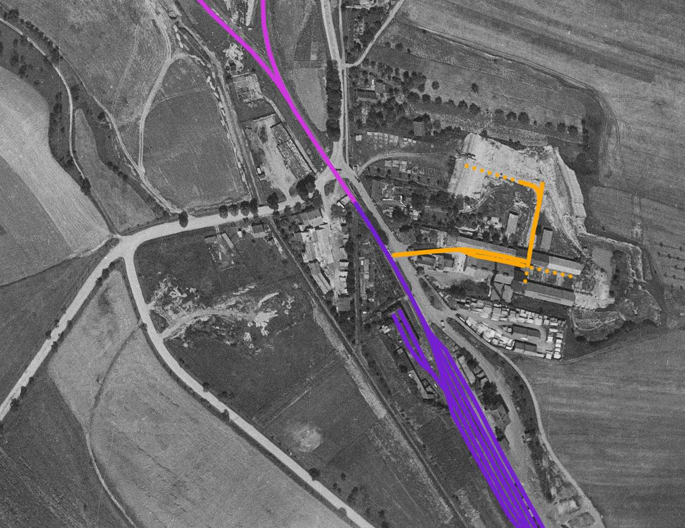 Tentýž zákres na dobovém snímku z roku 1958.