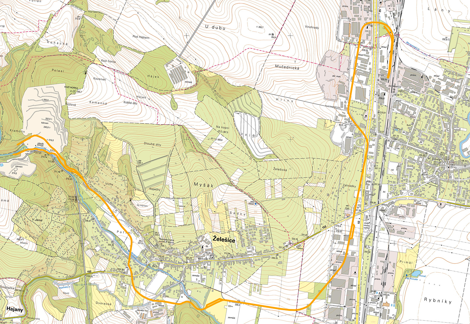 V mapce z roku 2021 je dobře patrné, jak dráha obcházela <a href="/Tema/Želešice">Želešice</a> a protáhlá úbočí kopce Kozí horky nad nimi. Ačkoliv výchozí překladiště a cílová stavba mostu jsou od sebe vzdušnou čarou pouhých 3,5 km, úzkokolejka se roztáhla na více než 7 km.
