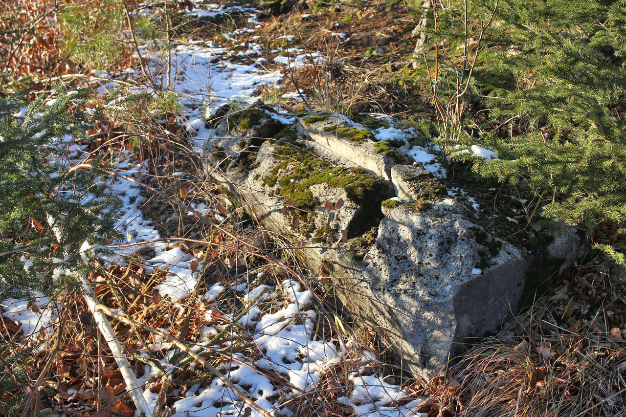 Zachovalý „pražec“ úzkokolejky u horní hrany svážnice. Zde se pravděpodobně nacházela výhybna k odstavování vozíků před jejich spouštěním do továrny. V okolí musel být rovněž naviják svážnicového lana poháněný elektromotorem.