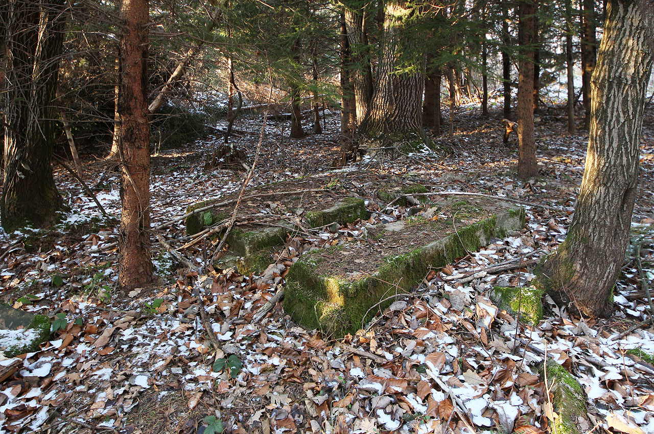 Základy stroje spojeného s dráhou. je taky možné, že naviják se nacházel až v této části, zhruba 200 m nad továrnou a vozíky byly dopravovány i po méně strmé části drážky tažené/spouštěné na laně.