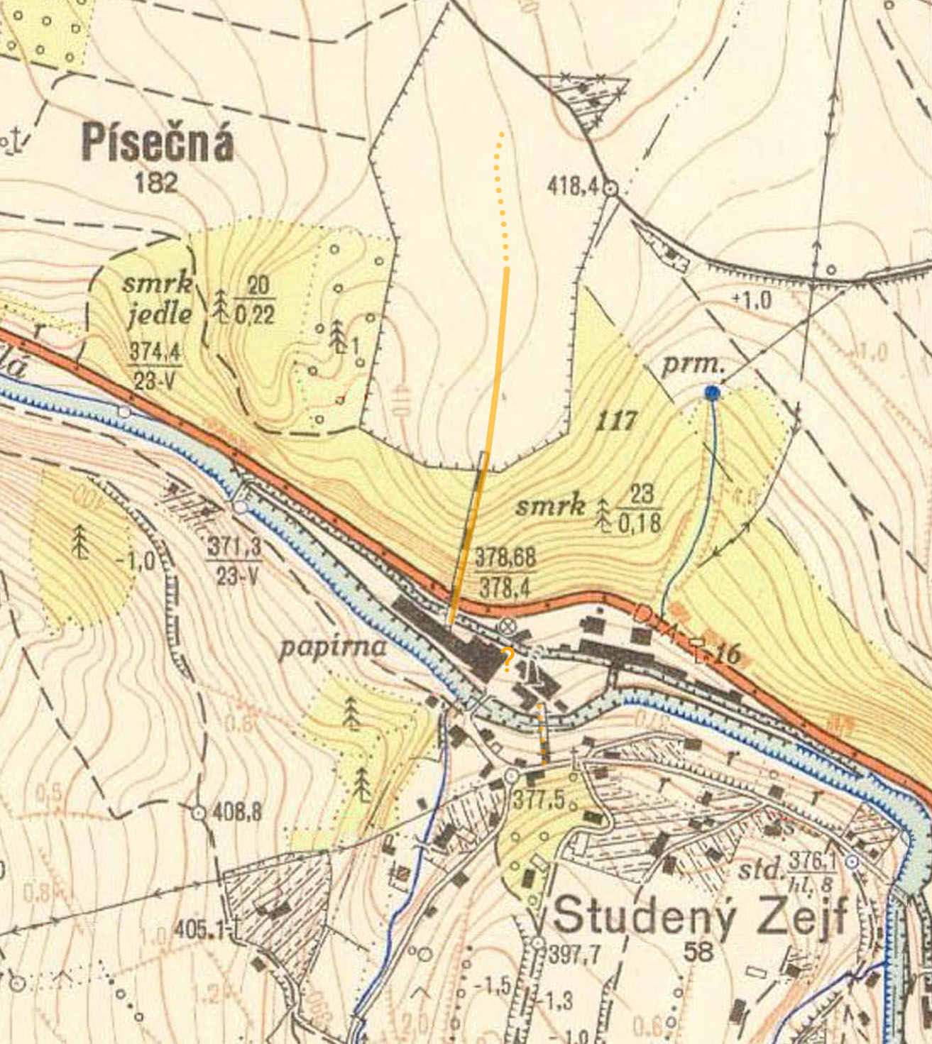 Totožný plánek na mapě z roku 1952. U severní větve drážky je zakreslena pouze část se svážnicí - je rovněž možné, že délka úzkokolejky se v čase měnila.