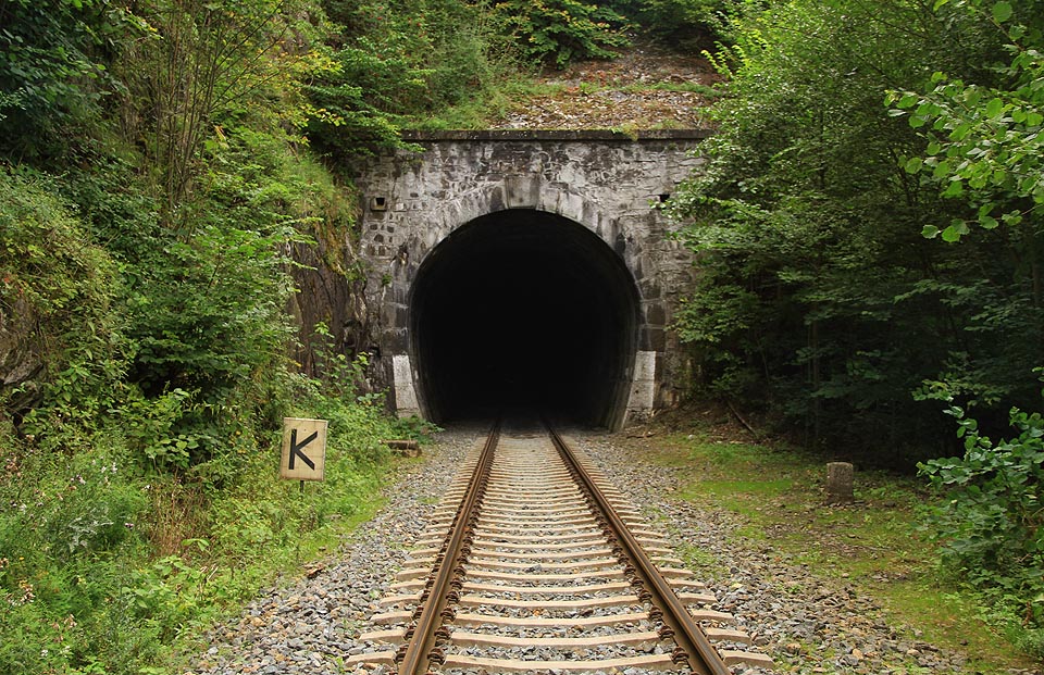 Pohled od jihu - portál tunelu se nachází na nepřístupné rampě ve strmém svahu nad nádraží Plasy. Nad vodní hladinou a ve stínu skal u ústí tunelu se drží chlad i v nejteplejším létě. Pohled od jihu - portál tunelu se nachází na nepřístupné rampě ve strmém svahu nad nádraží Plasy. Nad vodní hladinou a ve stínu skal u ústí tunelu se drží chlad i v nejteplejším létě.