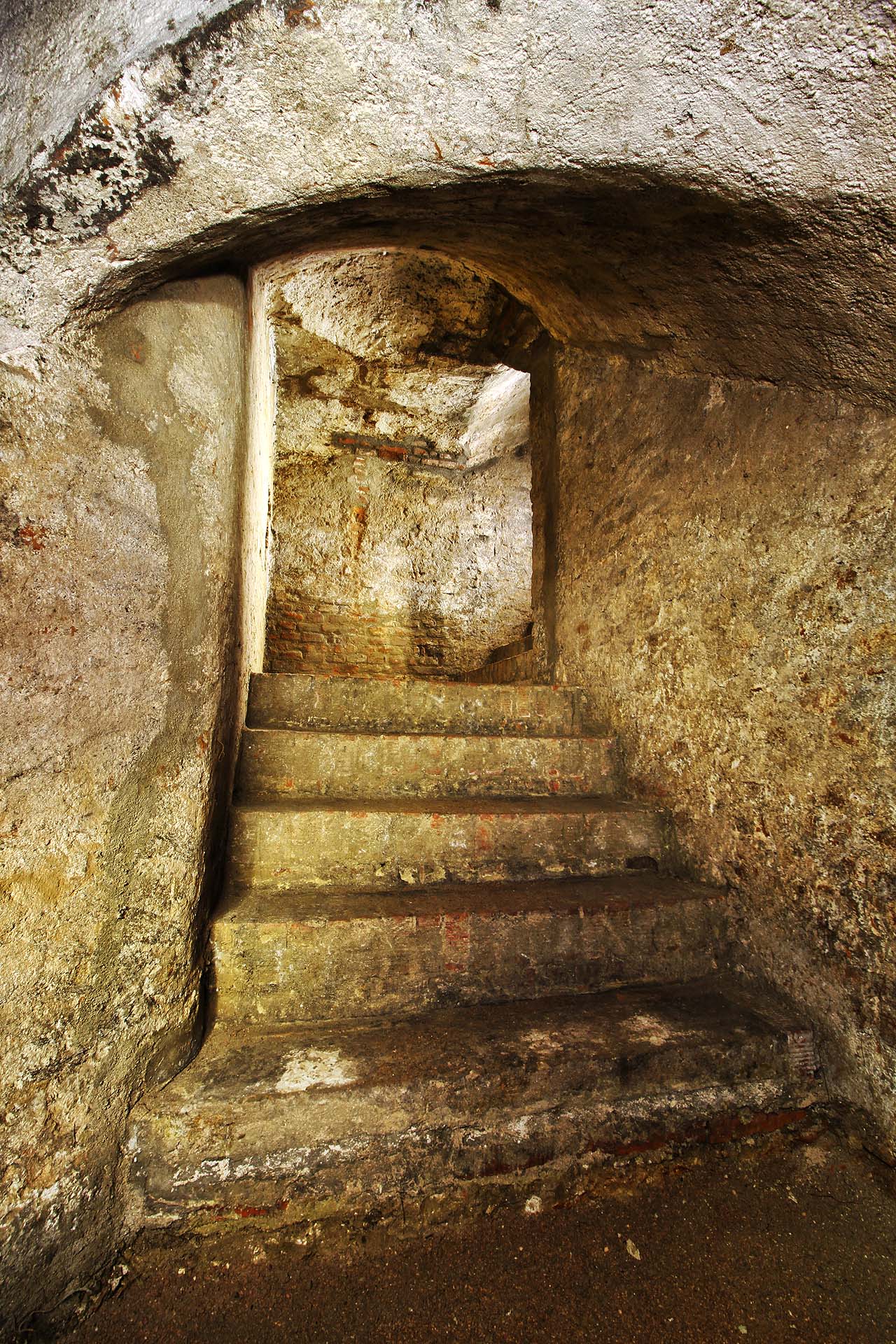 Následují poslední čtyři schody k sestupu na úroveň podlahy vlastního sklepa. Stěny jsou netradičně omítnuté vrstvou částečně zpuchřelé omítky.