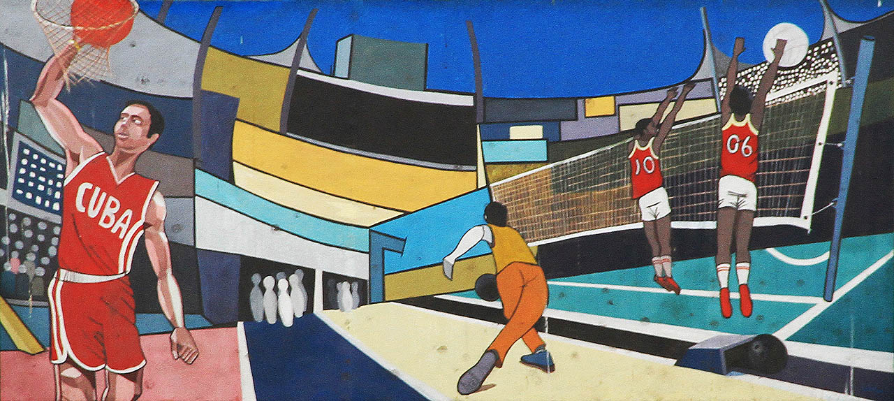 Sportovní idylka v představách umělce, který vyzdobil vchod do šaten.