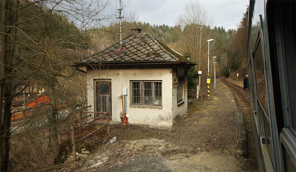 Omšelá budova železniční zastávky Vlaské vyfocená z projíždějícího nedělního vlaku Os7183 (zastávka je na znamení, které nikdo nedal). V předjarním období je skrze stromy bez listí dobře vidět návěst výstraha na předvěsti <a href="/Tema/Hanu%C5%A1ovice%20(%C5%BEst)">stanice Hanušovice</a> před <a href="/Tema/Vlask%C3%BD%20tunel">Vlaským tunelem</a>.