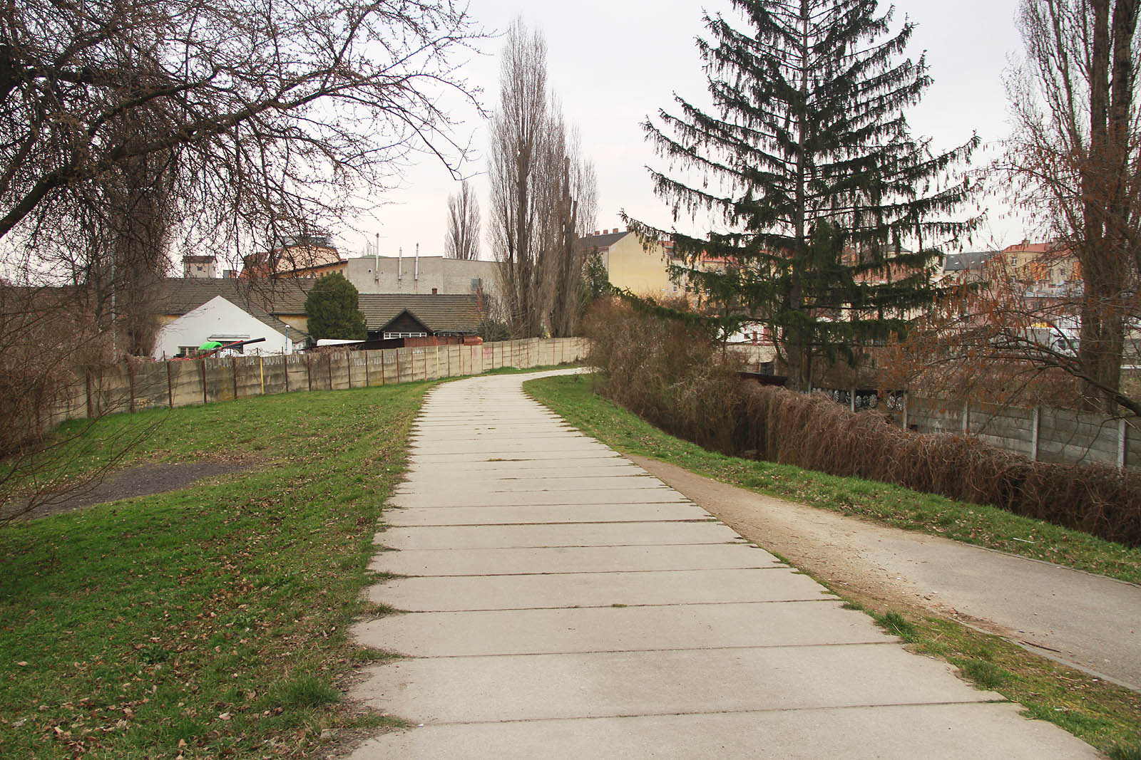 Těleso bývalé vlečné dráhy prochází mezi zahrádkami a zadními trakty komárovských domů jako ladná stuha.