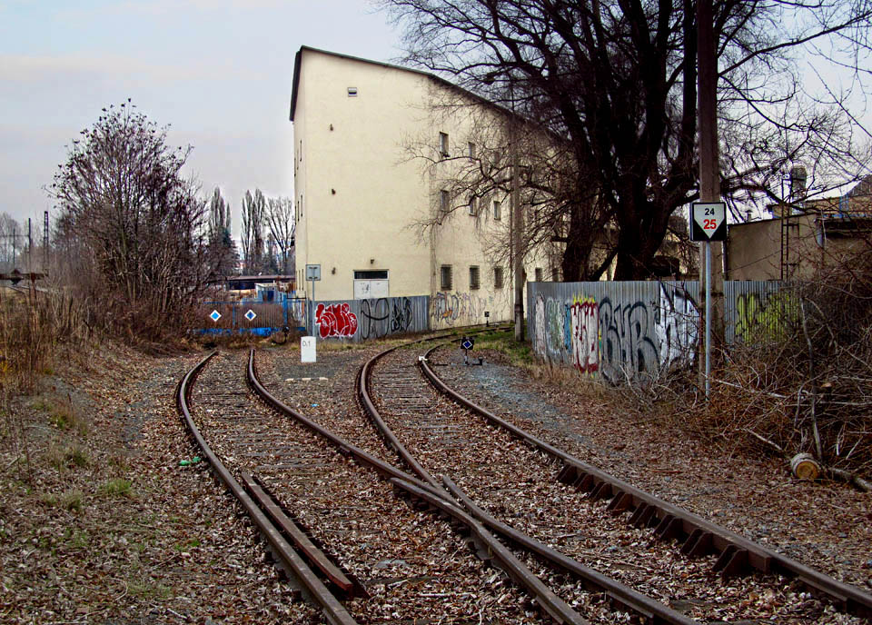 Kolej vedoucí za výhybkou č. 8 přímo se rozvětvuje ve dvě další koleje za branou. Kolejiště zde již pohlcuje les.