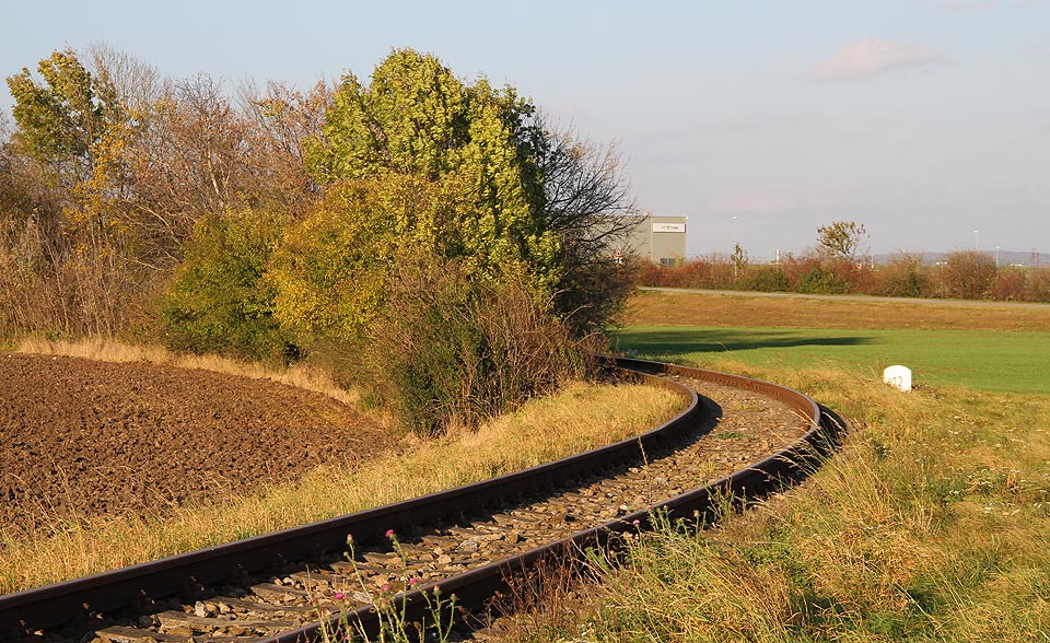 Pohled od letiště - vlečka ladným obloukem vchází z houští na pláň.