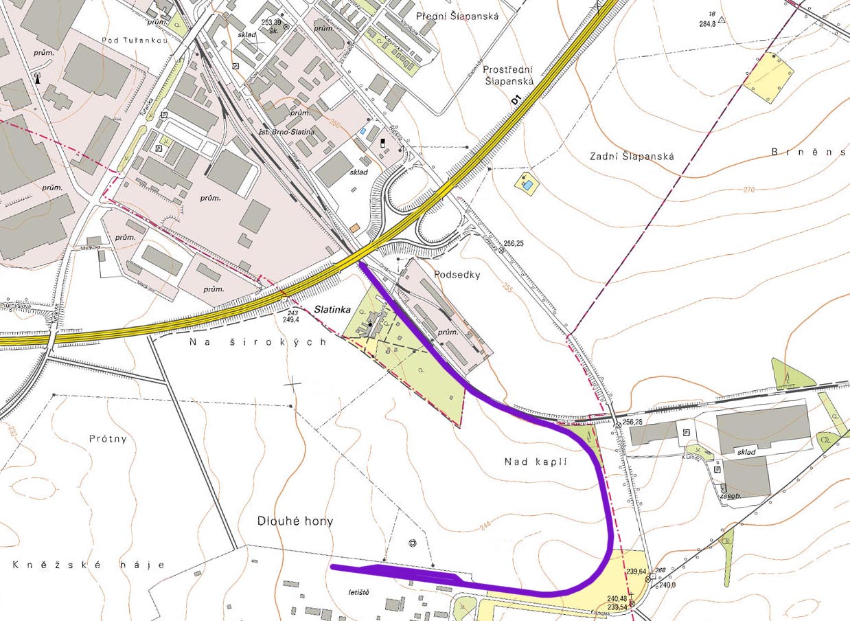 Vlečka vchází z jihovýchodního zhlaví stanice <a href=/Tema/Brno-Slatina%20(žst)>Brno-Slatina</a>, cca 700 m vede podle trati Brno-Veselí nad Moravou a poté se stáčí slouhým pravotočivým obloukem k západu, kde končí v areálu letiště.