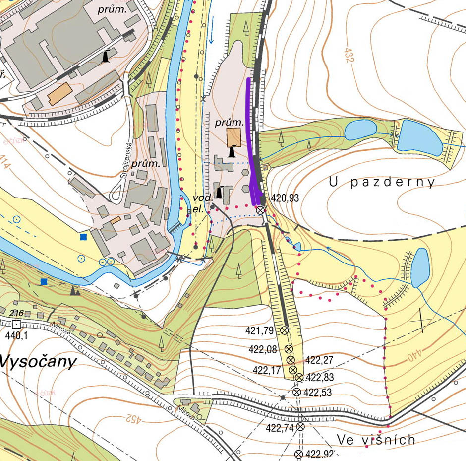 Na mapce je v jižní části dobře patrný Havlíčkobrodský tunel, za jehož severním portálem se ze staniční koleje č. 92 (od Brna) odděluje kolej č. 90N (ke Kubešovu mlýnu a do Pardubic) a vlečka do areálu údržby silnic.
