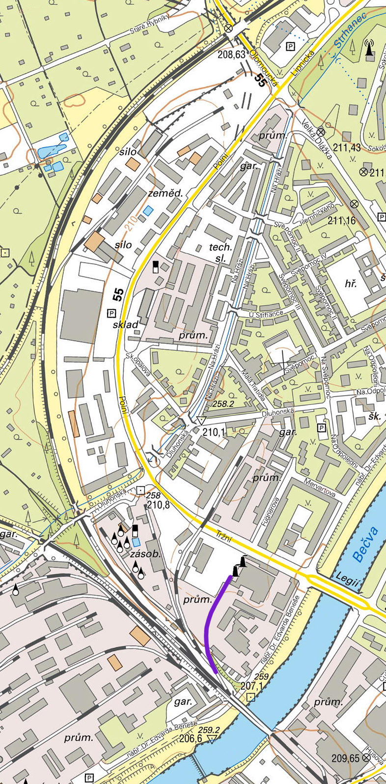 V mapce pravobřežní části Přerova I - Města je vlečka zaznačena fialovou barvou. Její jediná doložená kolej odbočovala ze severozápadního zhlaví <a href="/Tema/Přerov (žst)">stanice Přerov</a> a ostře zatáčela vpravo do areálu <a href="/Tema/Středomoravská elektrárna v Přerově">Středomoravské elektrárny</a>. Než dospěla k jižnímu z obou komínů v průčelí výtopny, procházela vlečka skládkou uhlí. Jak bylo uhlí dále dopravováno ke kotlům, se autorům dosud nepodařilo zjistit - k dispozivi byla v elektrárně úzkokolejná drážka.