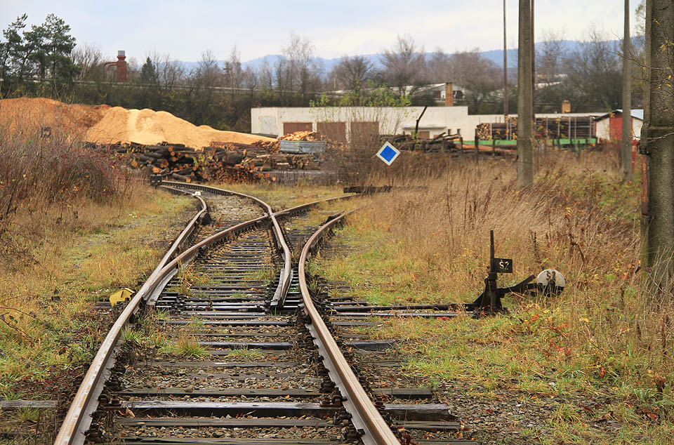 Z vlečky do šamotky odbočuje rovněž kolej <a href=/Tema/Vle%C4%8Dka%20R%C3%A1jec-Jest%C5%99eb%C3%AD%20-%20pila>vlečky na pilu</a> Lesů města Brna. Další trasa je od počátku 10. let 20. století neprůjezdná, jak signalizuje modrý terč.