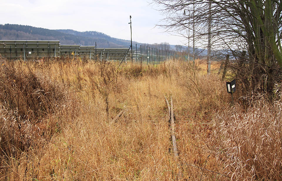 Koleje kdysi pokračovaly dál na manipulační plochu v závodě. Stavitelé solární elektrárny se však vlečkou vůbec nezabývali, prostě ji zahrnuli zeminou a postavili na ni panely. Koleje kdysi pokračovaly dál na manipulační plochu v závodě. Stavitelé solární elektrárny se však vlečkou vůbec nezabývali, prostě ji zahrnuli zeminou a postavili na ni panely.